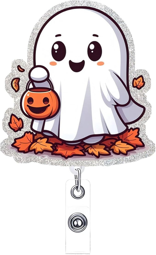 Ghost Badge Reel Retractable Ghost Carrying Basket Badge Clip with Maple Leaves Designs Acrylic Halloween ID Name Holder Clip for Nurse, Teacher, Student, Hospital, Office Worker Name Tag