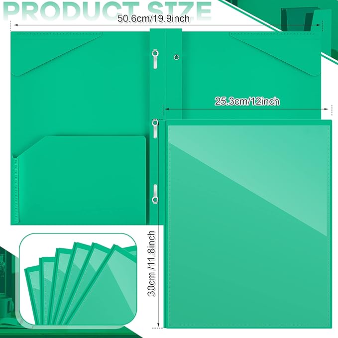 Henoyso 36 Pcs Plastic Folder with Clear Front Pocket and 3 Prong Plastic Folders with Card Slot Pocket Folders with Prongs for School Office (Green)