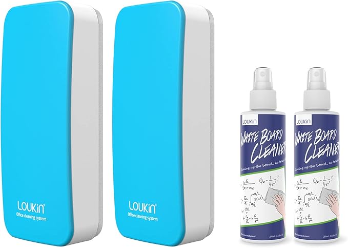 loukin 2 Pack Magnetic Dry Erase Eraser, Whiteboard Eraser, Glass Board Remover, 3.4 fl oz Whiteboard Cleaner * 2 Included, for Classroom, Home and Office Use (Blue)