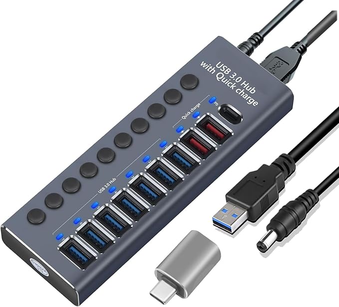 MaxLax Aluminum USB 3.0 hub with Charging Function, Power Adapter,Individual Power swiches (Silver Gray-10 Ports)