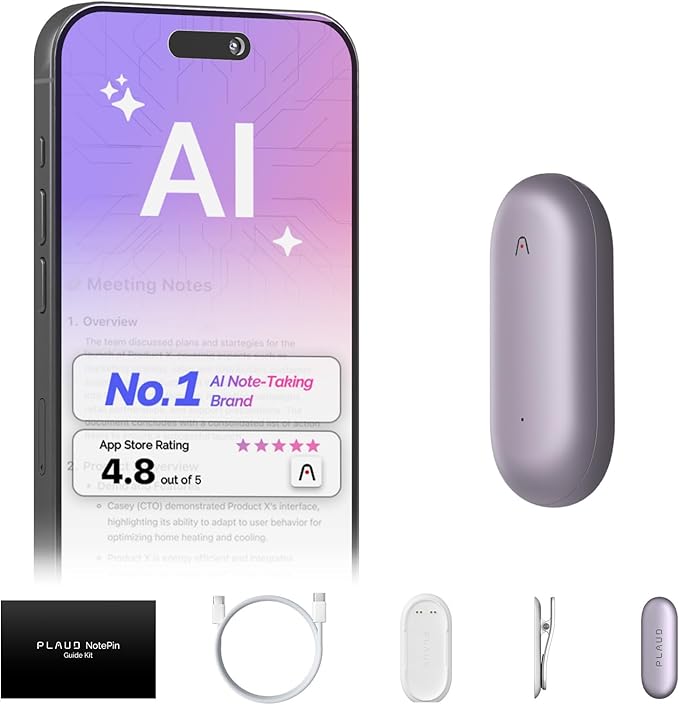 NotePin Voice Recorder, AI Voice Recorder, App Control, AI Notetaker, AI Transcribe & Summarize, Support 112 Languages, 64GB Memory, Audio Recorder for Lectures, Meetings, Sunset Purple