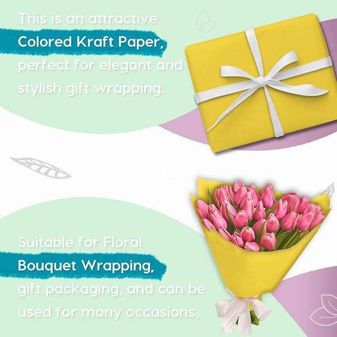 PerkHomy 48" x 2,400" (200') Lemon Yellow Kraft Paper Roll for Craft Bulletin Board Paper Art Table Covering Crafting Gift Wrapping Bouquet Packing Parcel 80GSM 55LB (Lemon Yellow, 48" x 200')