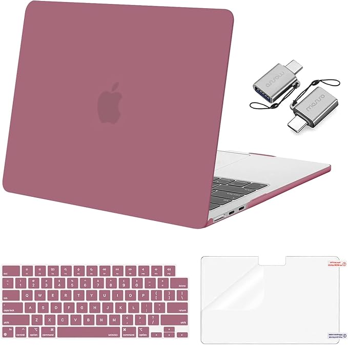 MOSISO Compatible with MacBook Air 13 inch Case 2025 2024 2023 2022 M4 A3240 M3 A3113 M2 A2681, Plastic Hard Shell&Keyboard Cover&Screen Film&Type C for MacBook Air 13.6 inch Case, Dusty Rose