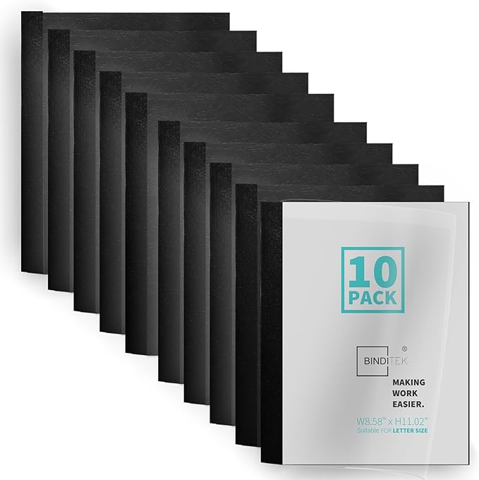Binditek 10 Pack Thermal Binding Presentation Covers, 3/4 Inch Spine, Holds 160 Sheets, Ultra Clear Front Cover, Black Paper Back Cover, Letter Size, for Students and Coworkers