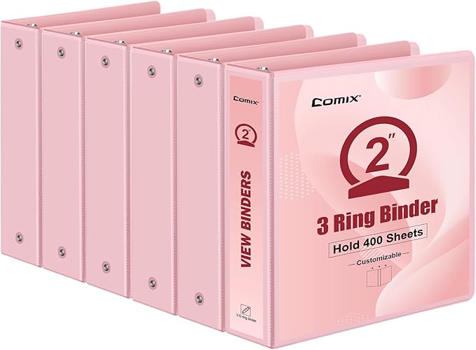COMIX Standard 3 Ring Binder 2 inch with Clear View Cover, 2" Round Ring View Binder Holds 400 Sheets of US Letter Size Paper, 6 Pack (Pink)