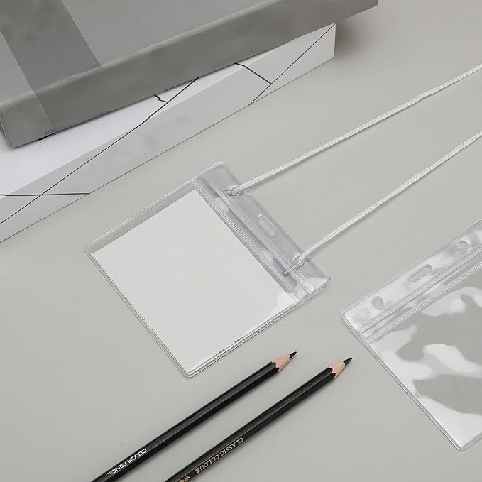 Eaasty 100 Pack Neck Hang Badge Holder with Labels, Clear Hanging Lanyard Style Name Badges Waterproof Name Tag Holders with Lanyard for Meeting Seminar Show Event and Conference