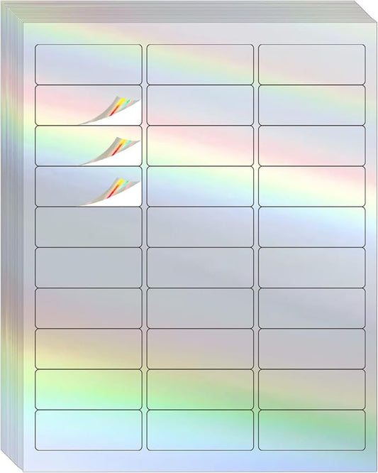 STARLIBOO 1" x 2-5/8" Address Labels- Holographic Color Stickers for Laser/Ink Jet Printer mailing Labels 8.5"×11"- Holographic Silver