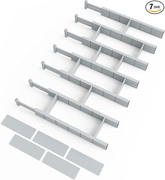 SpaceAid Bamboo Drawer Dividers with Inserts and Labels, Kitchen Adjustable Drawer Organizers, Expandable Organization for Home, Office, Dressers, 7 Dividers with 15 Inserts (17"-22" Gray)