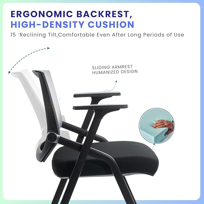 10 Pack Foldable Office Chair with PU Wheels and Sliding Armrest-Ergonomic Mesh Bouncing Back, Stackable Conference Room Chair, Office Guest & Reception & Meeting Chair (Black)