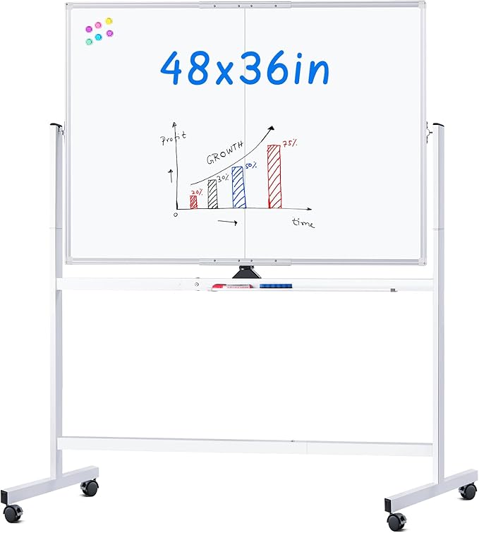 maxtek Rolling Whiteboard, 48x36 Large Magnetic White Board with Stands, Big Double-Sided White Board Dry Erase on Wheels for Homeschool, Home Office, Office, School (Silver, 48 x 36)