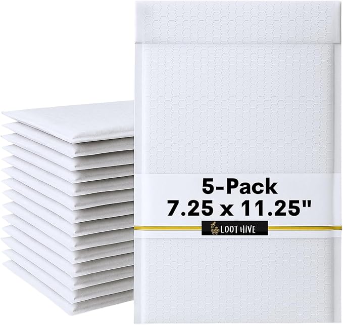 5-Pack 7.25x11.25" White Poly Bubble Mailers, Padded Shipping #1 Envelopes Self Seal Tear Resistant Lightweight Mailing Bags for Small Business, Books, DVDs, Gifts