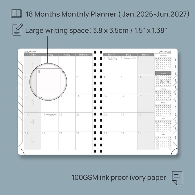 POPRUN Monthly Planner 2026-2027 (Medium 6.5" x 8.5") 18 Months Calendar (Jan 2026 - Jun 2027) - 4 Pages per Month with Expense & Notes, Stair-like tabs, Leather Cover, Sunday Starts - Purple