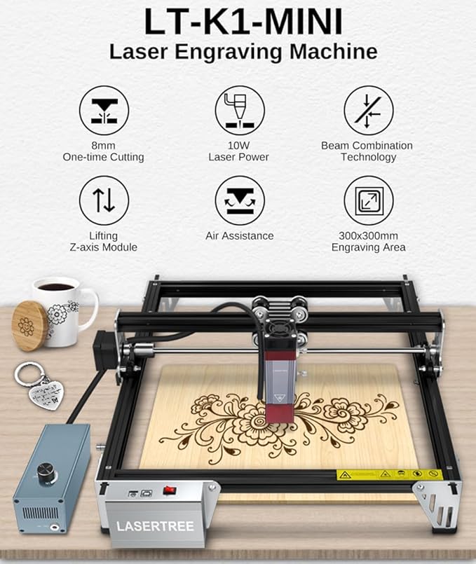 LASER TREE 80W Laser Engraver, 10000mW(10W) Laser Output Laser Engraving Cutter with Air Assist Pump & Magnetic Pad Kit, Built-in FAC, Eye Protection Laser Engraver for Wood Acrylic, Leather, Class 4