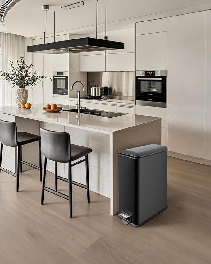 Kitchen Rubbish Bin, 45 Litre Waste Bin, Large Pedal Bin, Kitchen Rubbish Bin with Softclose Lid and Inner Bin, Slim Pedal Bin for Kitchen, Bathroom and Office, Black