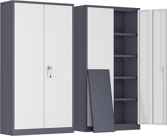 Greenvelly Metal Garage Storage Cabinet, Tall Steel Storage Cabinets with 2 Doors and 4 Adjustable Shelves, Metal Tool Cabinets, Locking File Cabinet for Home Office, Garage, School (Gray White)
