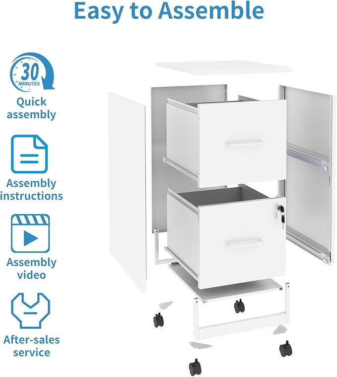 2 Drawer File Cabinet with Lock, Mobile File Cabinets with Wheels, Metal Office Storage Cabinet Under Desk,Vertical Filing Cabinets for Home Office, Required Assembly