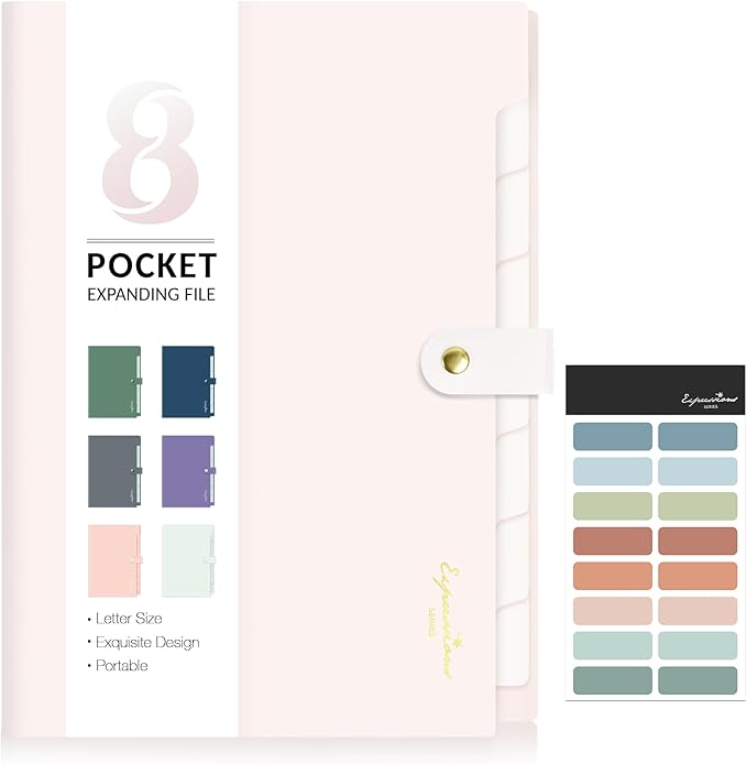 Sooez Elegant Accordion File Organizer with Labels, 8 Pocket Expanding File Folder, Portable Folders for Documents, Cute Paper Organizer for School Office Supplies, Letter Size, Off White