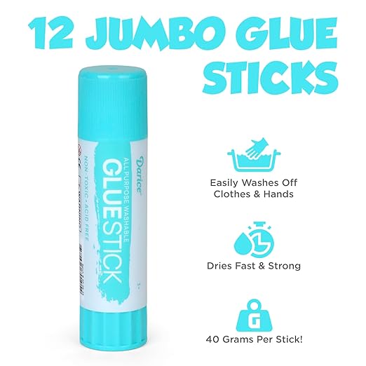 Darice 12 Jumbo Glue Sticks, 1.4 Oz All Purpose Stick Glue, Strong Hold, Easy Stick, Quick Drying, Non-Toxic, Scrapbooking, Back to School Supplies, Home and Office