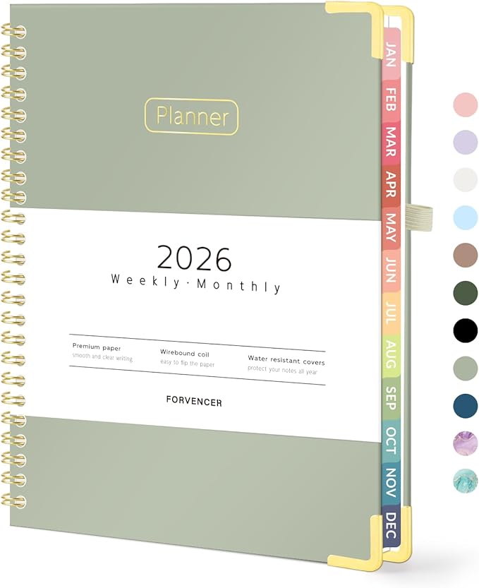 Forvencer 2026 Planner, Hardcover Calendar Planner Weekly and Monthly, January 2026 - December 2026, 6" x 8", Spiral Agenda Book with Tabs, Exquisite Daily Journal with Inner Pocket, Organizer Notebook for Office Home School, A5 Size, Olive Green