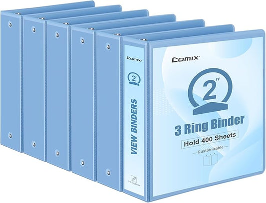 COMIX Standard 3 Ring Binder 2 inch with Clear View Cover, 2" Round Ring View Binder Holds 400 Sheets of US Letter Size Paper, 6 Pack (Pale Blue)