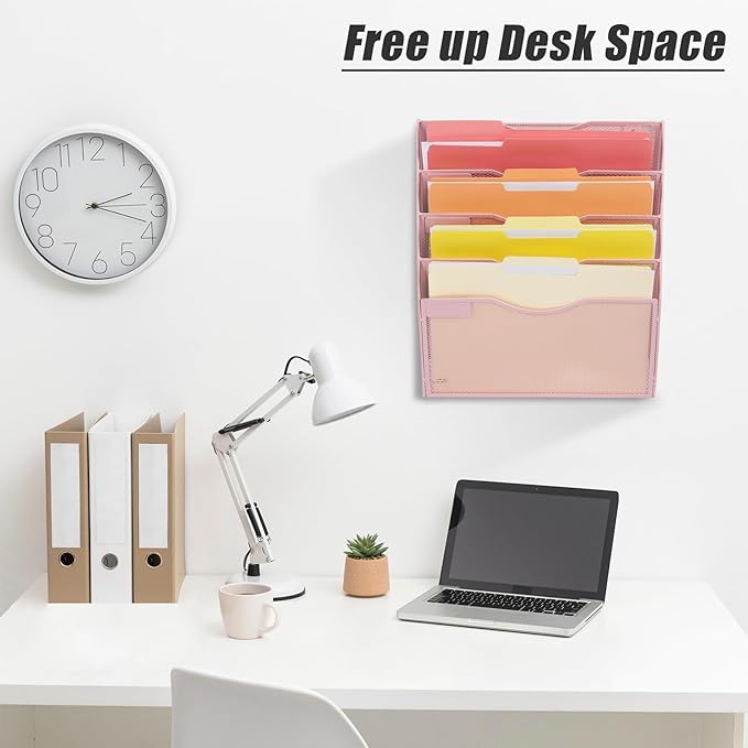 EASEPRES 5 Pocket Mesh Hanging Wall File Organizer, Wall Mounted Mail Paper Document Folder Holder, Clipboard Storage Organization Magazine Rack with Nametag Label for Office Home School, Pink