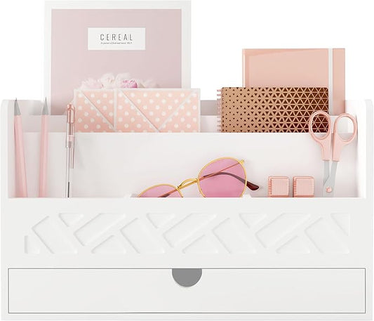 Wisuce Bamboo Mail Organizer Countertop Desktop with Drawer - Desk File Organizer for Office Supplies All-in-One Desk File Drawer with Pencil Holder for Paper Letter Envelope Bill