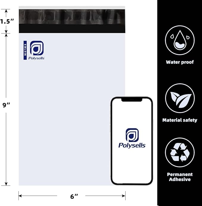 POLYSELLS 1000 6x9 Inch White Pack Poly Mailers Shipping Envelopes, Strong Adhesive Sealing, Waterproof, and Tear-resistant Postal Mailing Bags. Mailer Bags for clothing, books, and accessories