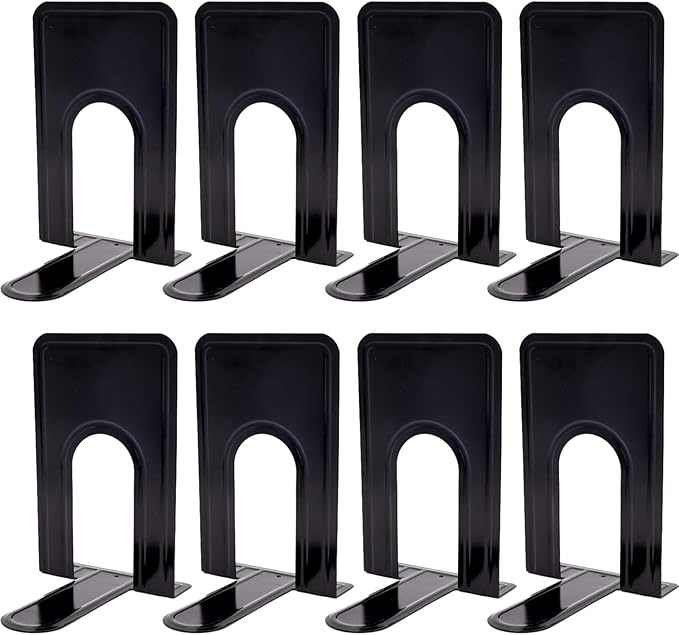 KINJOEK 4 Pairs/8 PCS Heavy Duty Bookends, 8.3x6.5x5.1 Inch Anti Slip Metal Book Ends for Books, Magazines, DVDs, Home, Office, School, Library, Black
