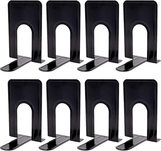 KINJOEK 4 Pairs/8 PCS Heavy Duty Bookends, 8.3x6.5x5.1 Inch Anti Slip Metal Book Ends for Books, Magazines, DVDs, Home, Office, School, Library, Black