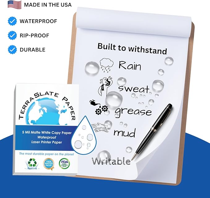 TerraSlate Waterproof Paper, 5 MIL 8.5” x 11”, Laser Printer & Copy Machine Compatible, Durable & Rain/Weather-Proof Copy Paper, White Paper (50 Sheets)