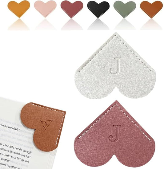Personalized Leather Heart Bookmark, 26 Letters Customized Corner Book Mark for Reading Women, Book Marker with Initials，Cute Gifts (White+Deep Pink, J)