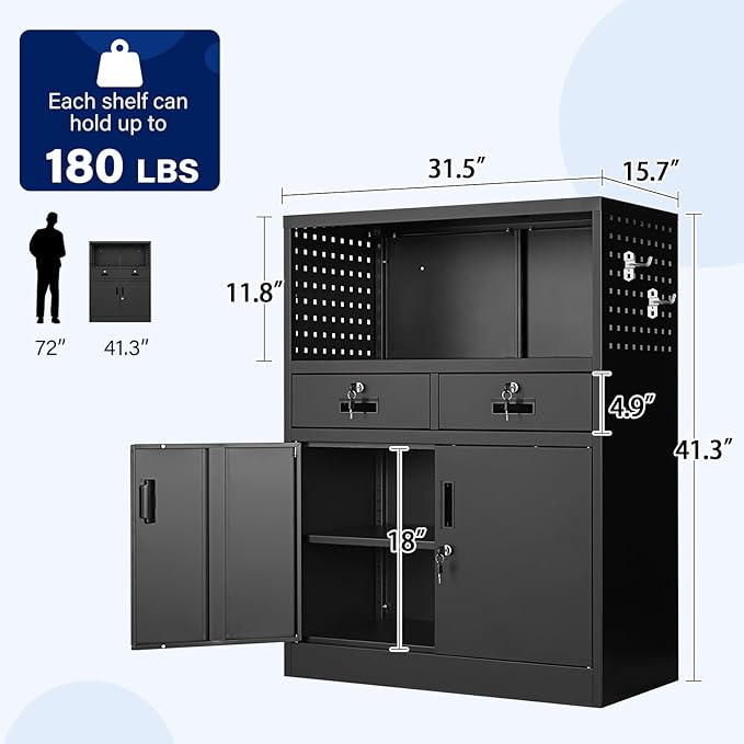 Yizosh Metal Storage Cabinet with 2 Drawers and Locking Doors,- 41.3" Steel Lockable Storage Cabinet with Shelves for Home Office,Garage,School (Black)