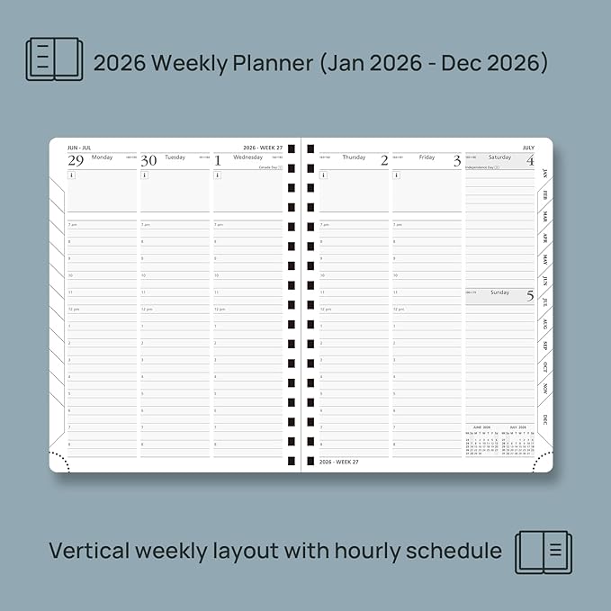 POPRUN 2026 Planner (Medium - 6.5'' x 8.5'') with Hourly Schedule, Vertical Layout - 2026 Weekly Calendar (Jan. 2026 - Dec.2026) for Time Management, Monthly Tabs, Spiral Bound, Soft Cover - Pink