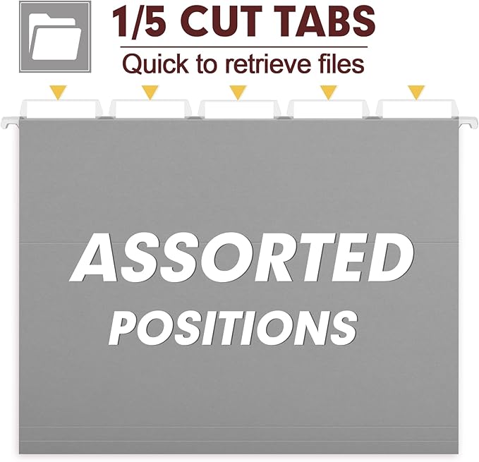 HERKKA Hanging File Folders, 60 Pack Reinforced Letter Size Hanging Folders, Designed for Bulky Files, Filing Cabinet, 1/5-Cut Adjustable Tabs (Gray)