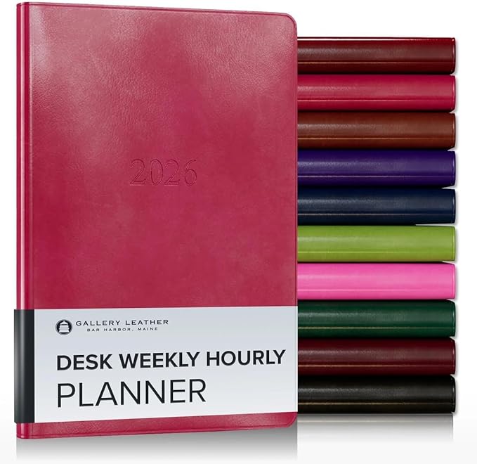 Gallery Leather Desk Hourly Weekly Monthly Planner 2025-2026, Elegantly Bound Calendar Planner and Notebook with Stylish Gold-Gilded Page Edges, 12 Months - Acadia Wild Rose - 8 x 5.5 "