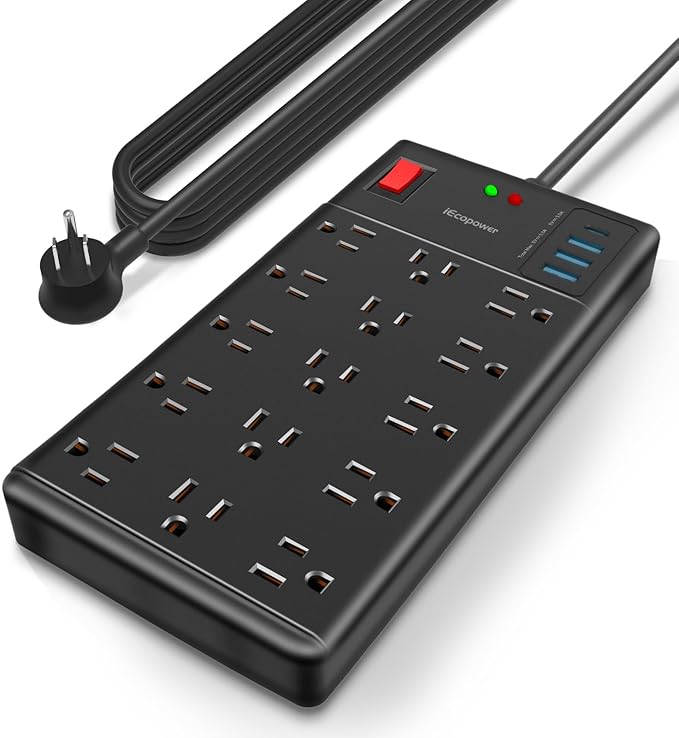 Surge Protector Power Strip 15 ft cord-15 Widely Spaced Outlets and 4 USB Ports(1 USB C Port),14 AWG Extension Cord,1875W/15A Heavy Duty Power Strip Surge Protector 15 ft Cord,2800J,Black