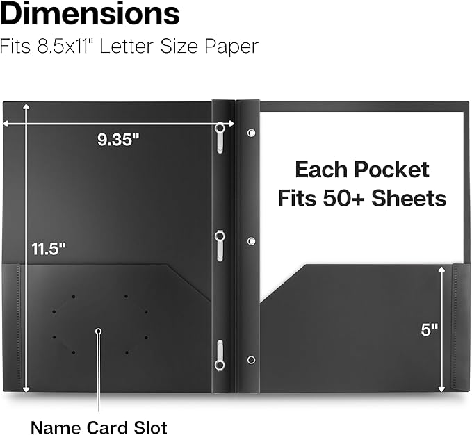 Dunwell Plastic Folders with 3 Prongs, (2 Pack, Black), 2-Pocket Folders with Fasteners, Durable Acid-Free Poly for Long Term Use, Includes Labels