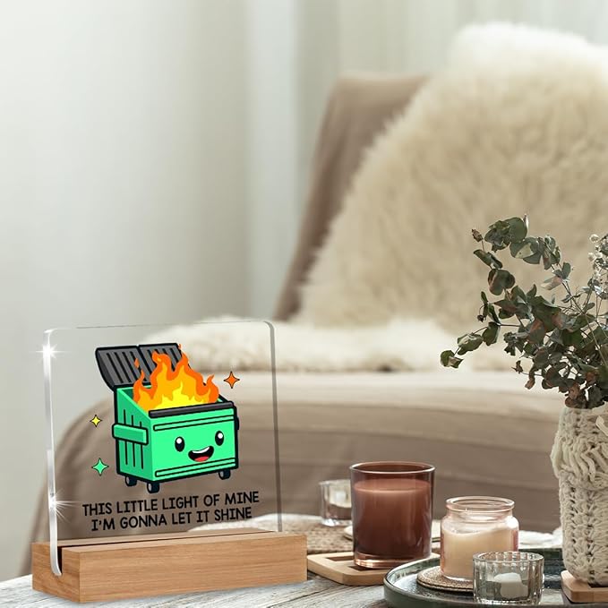Dumpster Fire Desk Accessories, Funny Dumpster Fire Acrylic Plaque Gifts for Coworkers Friends, Employee Appreciation Gifts, This Little Light of Mine Office Desk Signs Decor 4 × 4 Inches
