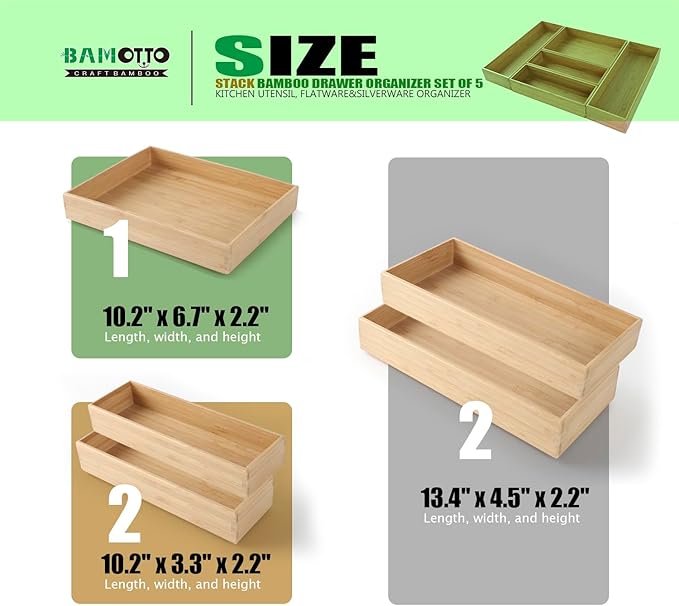 Stack Bamboo Drawer Organizer Set of 5, Kitchen Utensil, Flatware&Silverware Organizer-Wood Laminated Stackable for Kitchen, Bedroom, 13.4''x4.5''*2+10.2''x3.3''*2+10.2''x6.7''*1