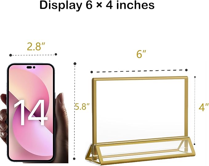 Acrylic Sign Holders Golden Border 8 Pack 6x4 Wedding Table Number Frames Double Sided Table Menu Stands with Horizontal Stand, Photos and Art Display