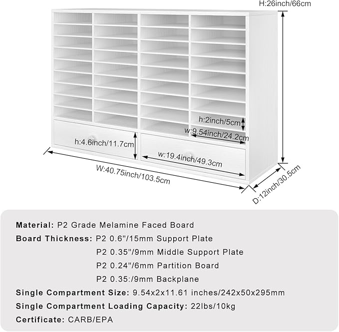 Mail Sorter Wood Literature Organizer, Student Mailbox for Classroom, Desktop Bill Paper Holder for Office Home School, 38 Compartments, White