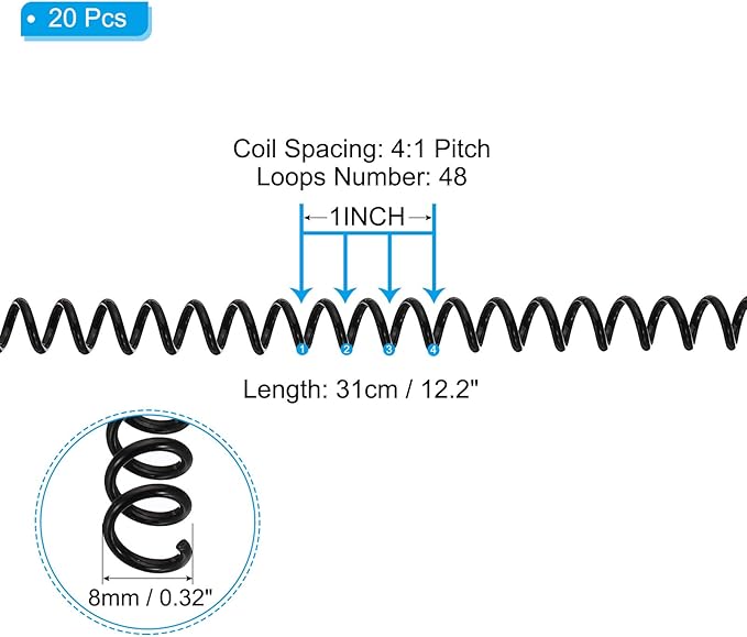 PATIKIL 8mm(5/16") Plastic Spiral Binding Coils, 20 Pcs Binding Spirals 40 Sheet Capacity 4:1 Pitch Binding Spirals for Binding Paper Sheets, Black