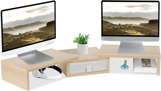 TEAMIX 3 Shelf Monitor Stand Riser with Drawer-Length and Angle Adjustable Dual Monitor Riser with Storage Corner Desk Shelf Organizer Large Computer Stand for 2 Monitors/Laptop (Maple, 1 Drawer)