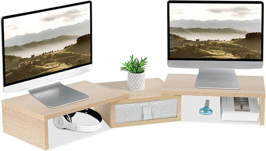 TEAMIX 3 Shelf Monitor Stand Riser with Drawer-Length and Angle Adjustable Dual Monitor Riser with Storage Corner Desk Shelf Organizer Large Computer Stand for 2 Monitors/Laptop (Maple, 1 Drawer)