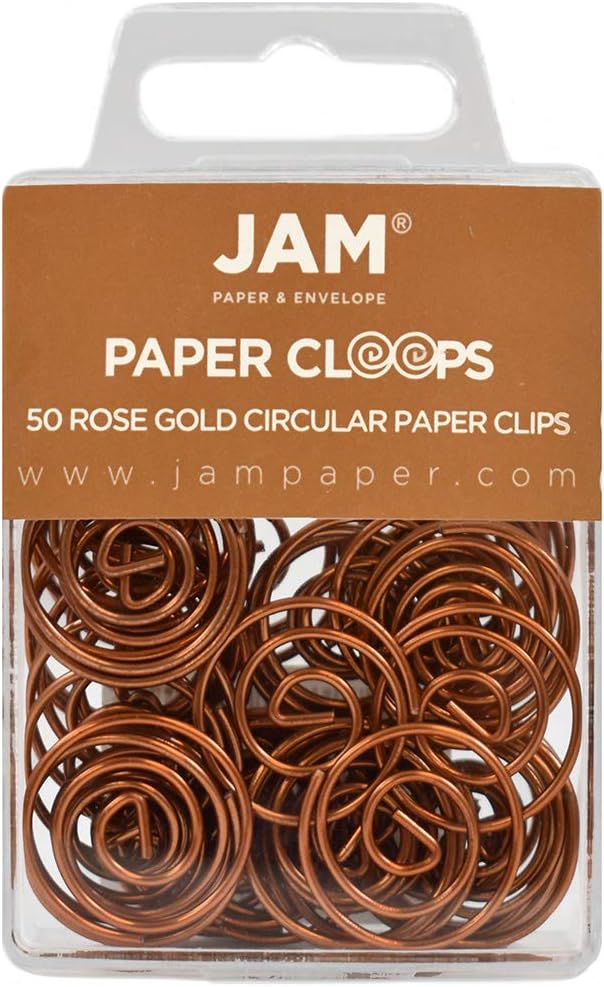 JAM PAPER Circular Paper Clips - Round Paperclips - Rose Gold - 50/Pack