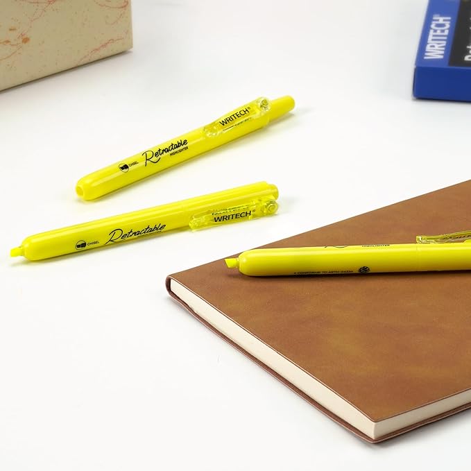WRITECH Retractable Highlighters Chisel Tip: Fluorescent Yellow Ink Highlighter Marker Pens No Bleed & Smear Pack for Home School Office (12ct Yellow)