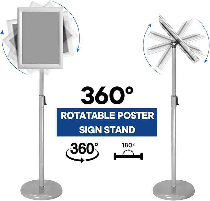SENZHIYI Adjustable Poster Stand Holder Heavy Duty Snap Open Aluminum Pedestal Floor Standing Sign Holder Vertical and Horizontal View Sign Displayed (Silver, 11x17inches)