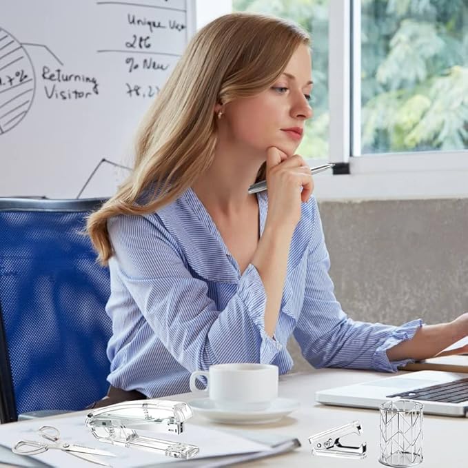 Office Desk Accessories，Office Supplies Set Acrylic Stapler Set Staple Remover, Tape Holder, Pen Holder, 2 Ballpoint Pen, Scissor, Binder Clips, Paper Clips and 1000pcs Staples(Silver)