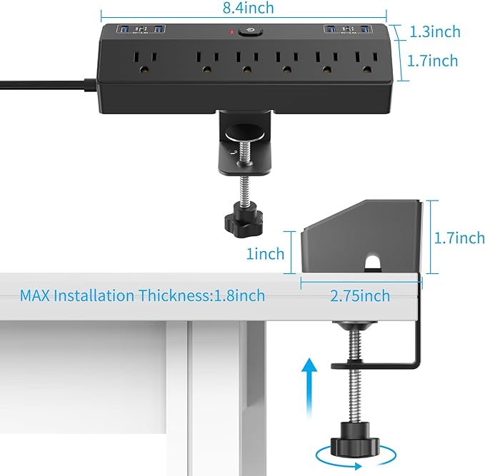 Desk Clamp Power Strip with 40W Fast Charging Station, JXGUCAT Removable Desk Clamp Mount Power Strip Surge Protector, 2 USB-C Ports, 6 AC Outlets and 10ft Cord, Fits 1.8" Tabletop Edge