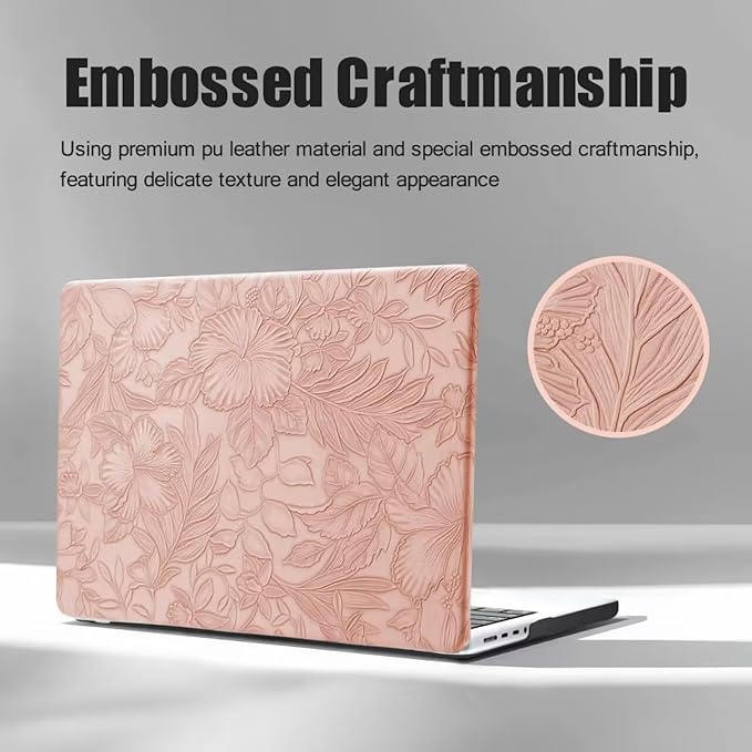 DTangLsm Compatible for MacBook Air 13 inch Case 2021 2020-2018 M1 A2337 A2179 A1932, Elegant Texture Leather Plastic Hard Shell Cover for MacBook Air 13.3 M1 Case+Keyboard Cover, Pink Embossed Floral